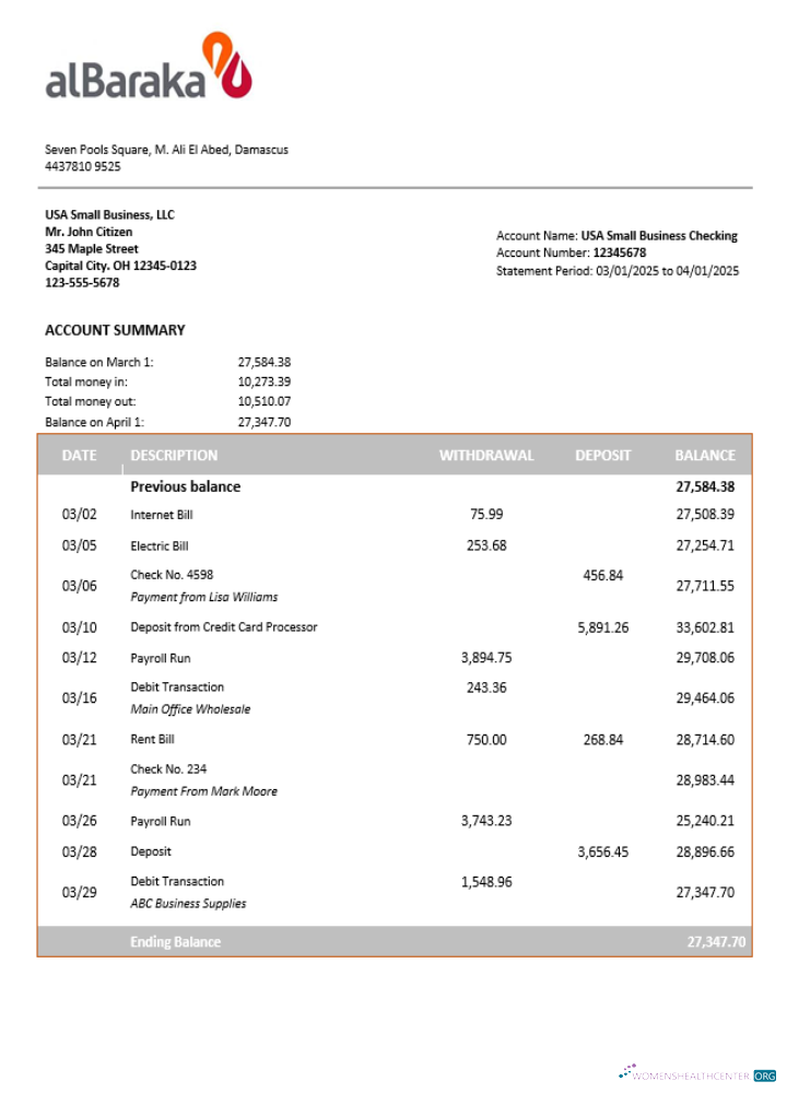 Download Syrian Al Baraka corporate checking account statement Word and PDF template Photoshop template